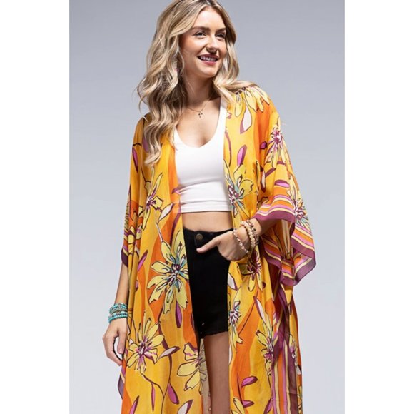 Sunrise Vibrant Floral Print & Stripe Border Open Kimono Wrap Coverup Top - Picture 3 of 6